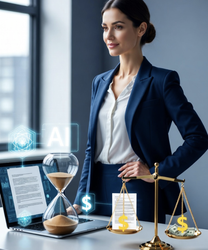 Confident solo female lawyer in a modern office with hybrid pricing symbols, broken hourglass, scales with dollar signs, and glowing AI icons representing the future of law firm pricing in 2026