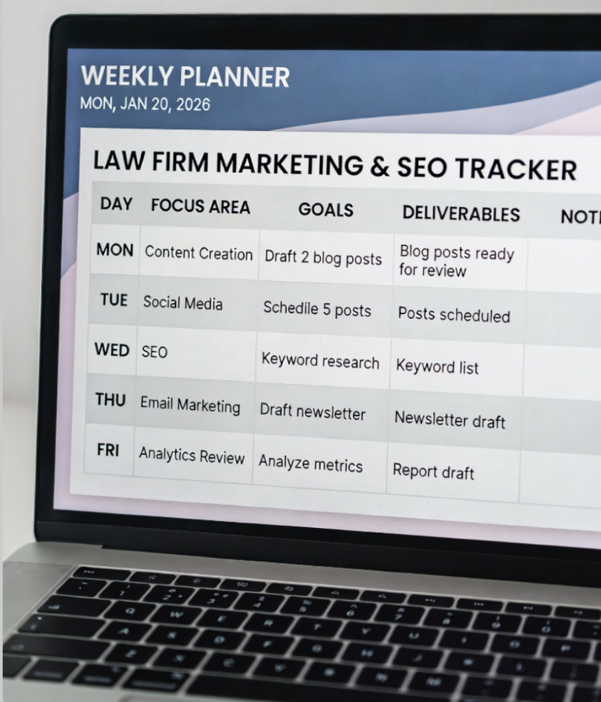 Clean modern laptop screen displaying a 2026 weekly law firm marketing and SEO tracker dashboard with columns for Day, Focus Area, Goals, Deliverables, and Notes showing real system-driven progress for a solo attorney