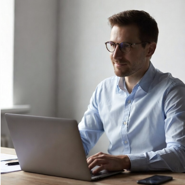 Solo attorney working on laptop for 2026 law firm marketing strategies – focused professional at desk in modern office